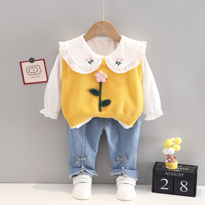 Girls' Spring and Autumn Suit New Korean-style Small Flower Long Sleeve Baby Girl Three-piece Autumn Suit Children's Wear Generation