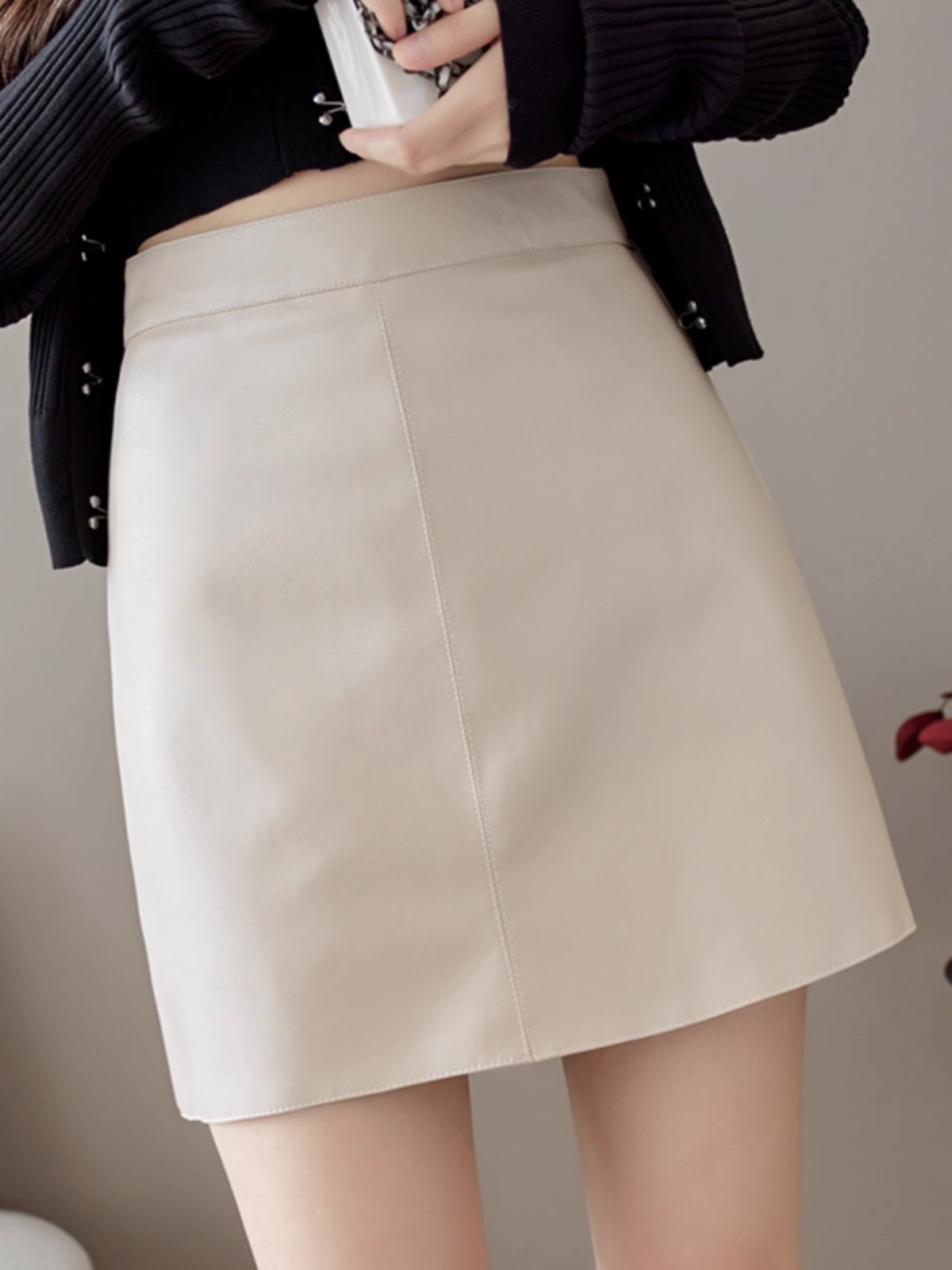 PU leather skirt women's 2023 autumn and winter new high waist slimming hip A- line short skirt solid color casual small leather skirt