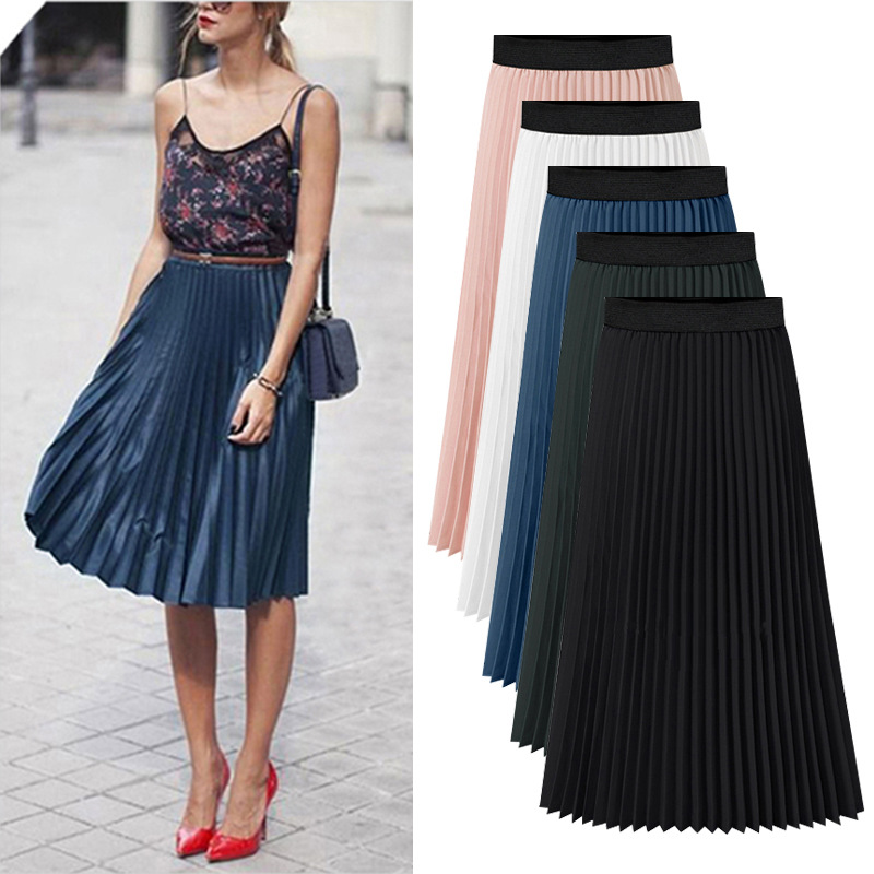 Chiffon Pleated Skirt Women's Summer Large Size A- line Slim Korean Style Skirt All-match Mid-length High Waist Skirt for Chubby Girls
