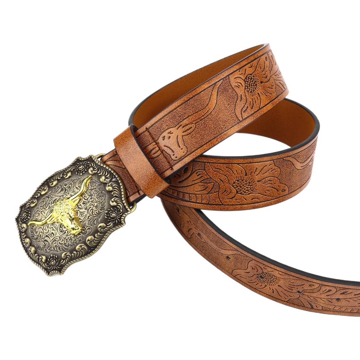 Cross-border Western Denim Belt Ngau Big Plate Buckle Trendy Retro Social Youth Men's Punk PU Leather Belt
