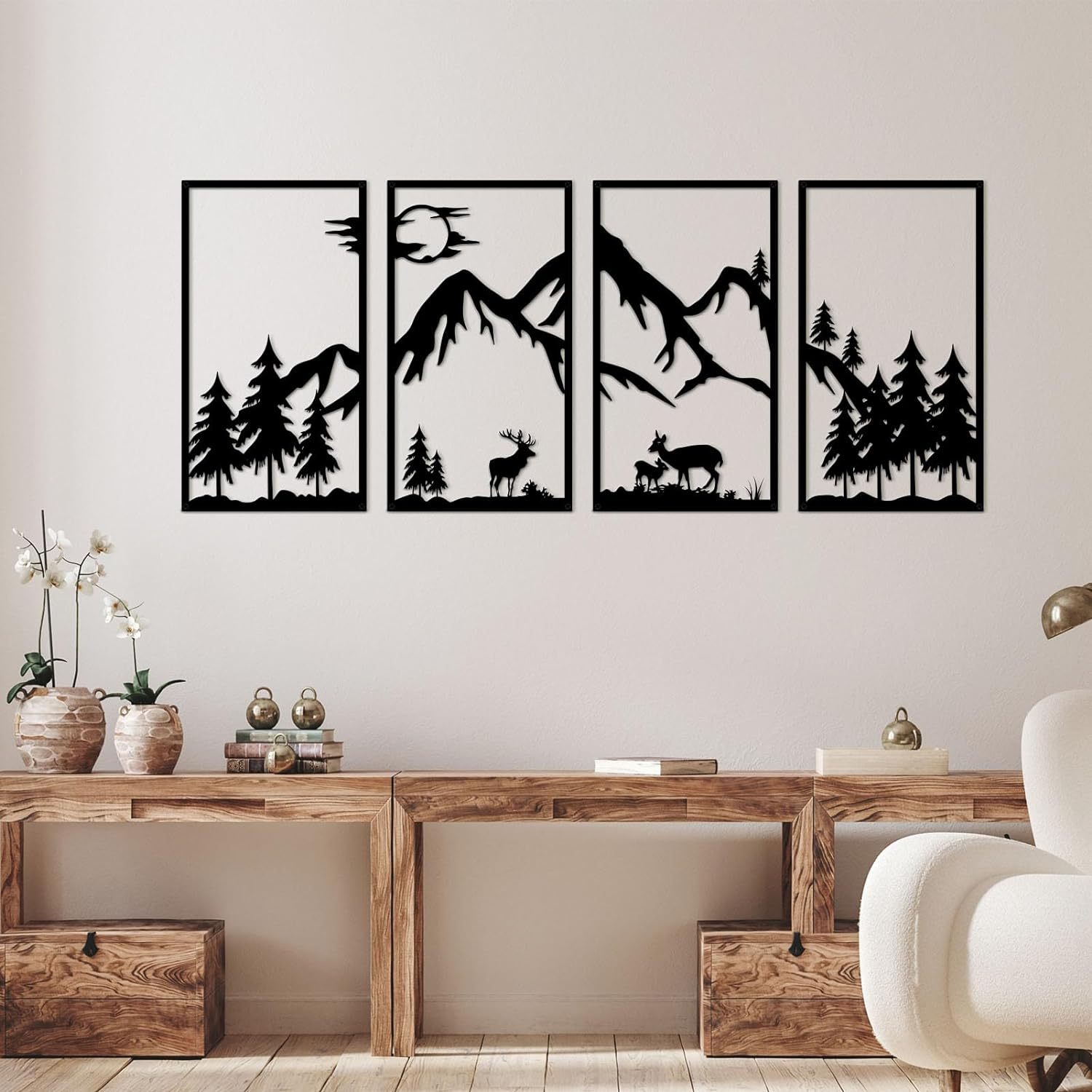 4 Pieces Mountain View Metal Wall Decoration Black Line Painting Wall Art Abstract Minimalist Natural Home Wall Art