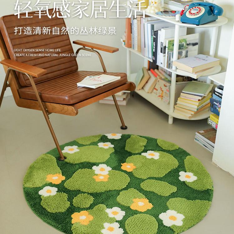 Home Moss Forest Carpet for Living Room, Children's Bedroom, Bedside Rug, Ins-Style Round Green Floor Mat for Entrance