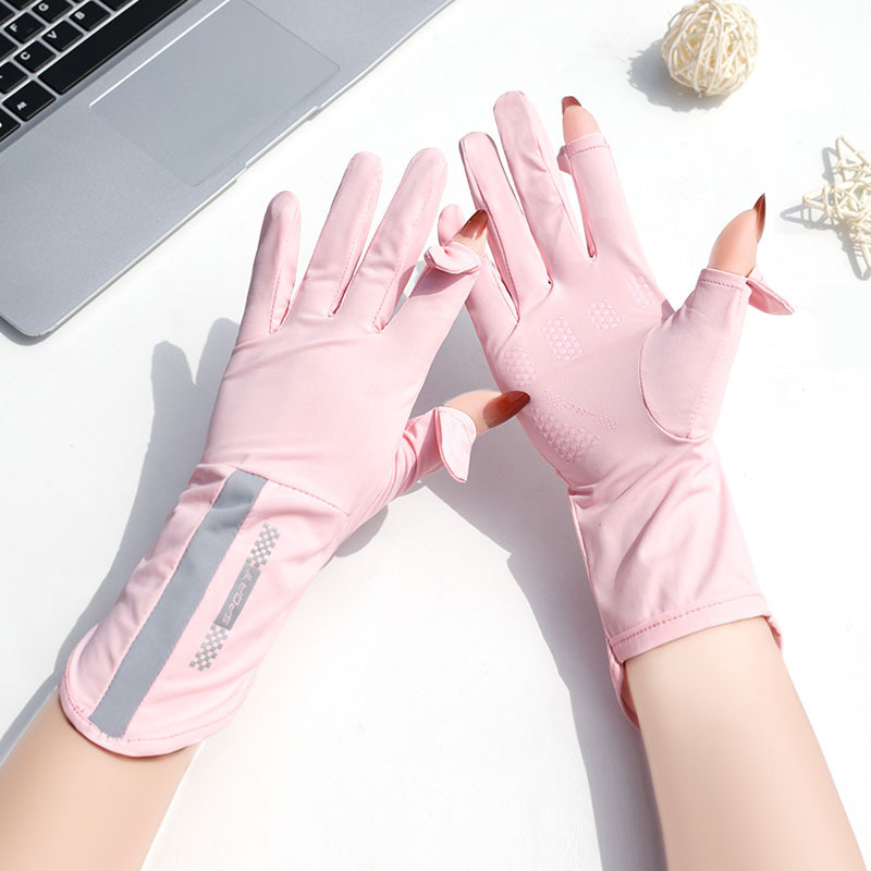 Picture of Summer sun protection gloves women's Thin Ice Silk UV-proof open finger touch screen driving riding non-slip mid-length breathable