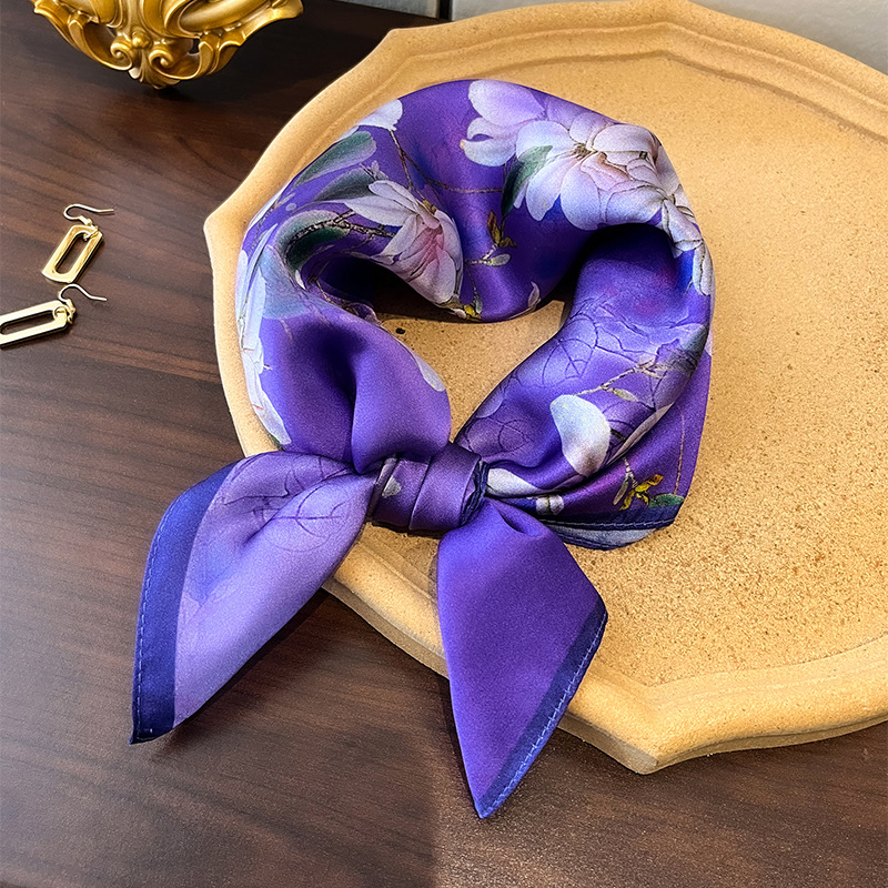 2024 New Purple Elegant Fashion Silk Small Square All-match Commuter Mulberry Silk Scarf Tie Bag Small Scarf