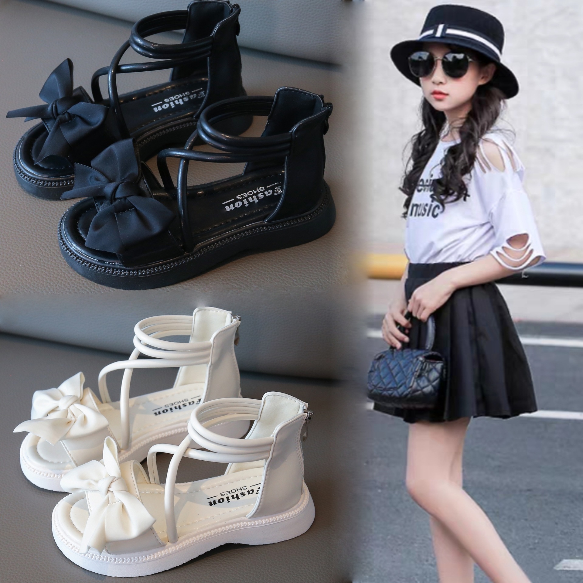 Girls' Bow Princess Shoes Children's High-Top Roman Sandals 2025 Summer New Style Western Style Beach Shoes for Middle and Large Children