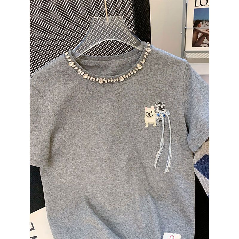 Picture of Cotton Back Bag Collar Round Neck Diamond-encrusted Grey Puppy Embroidered Short-sleeved T-shirt Women's 2024 New Loose Niche Top