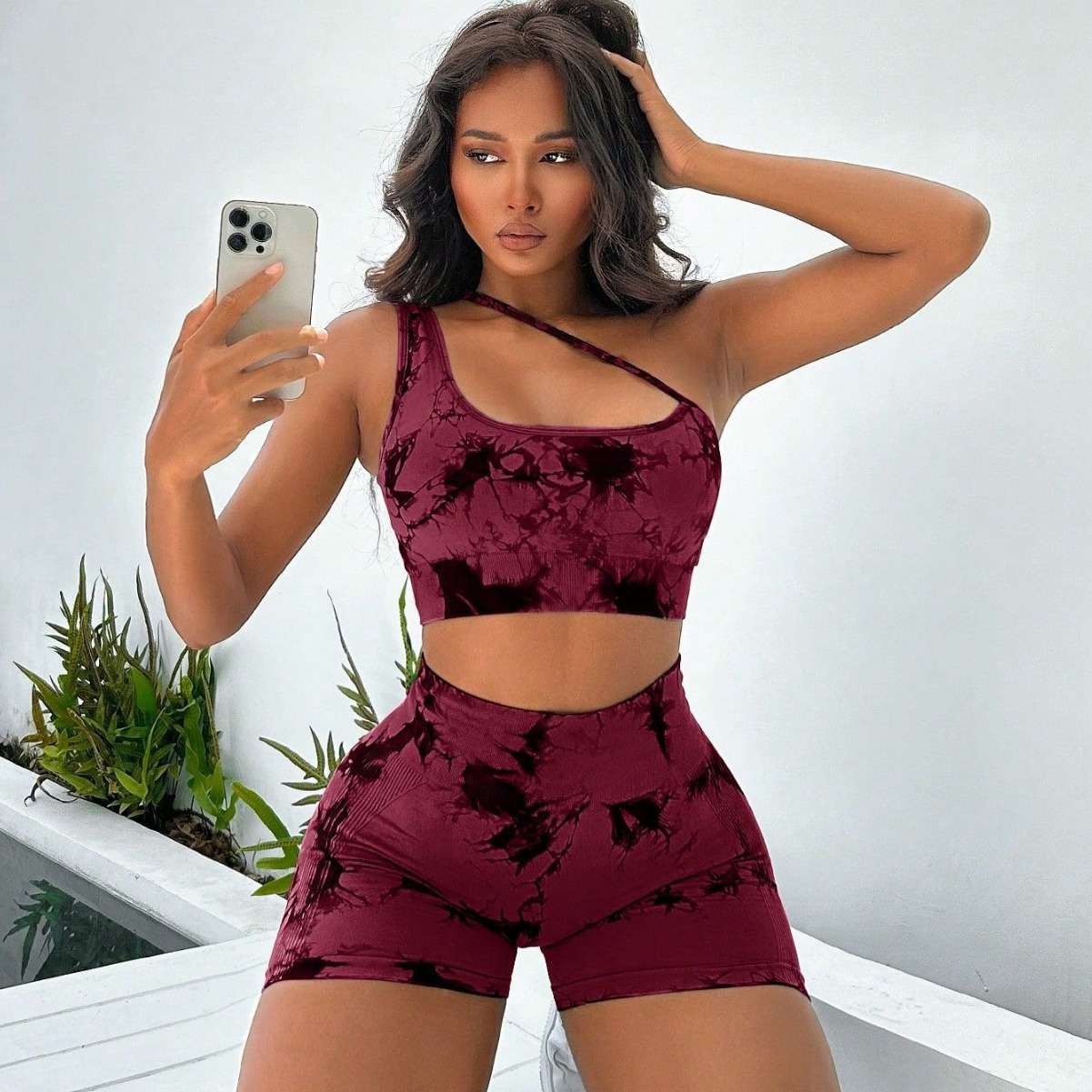 European and American Seamless Fitness Suit Women's Yoga Suit High Waist Hip-lifting Iron One-shoulder Tie-dye Sports Bra Running Shorts