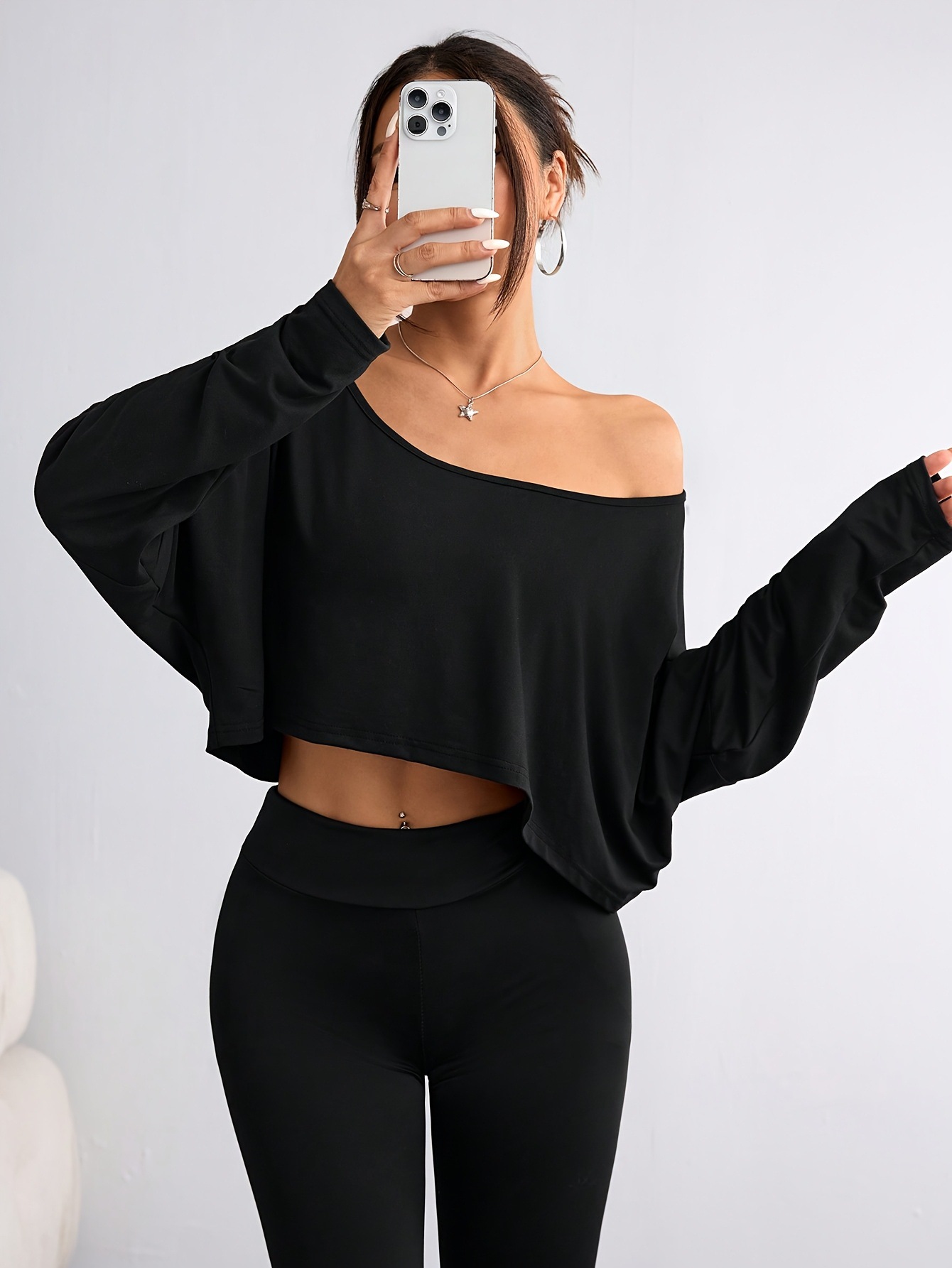 2025 Amazon Europe and the United States cross-border women's spring new solid color diagonal shoulder long sleeve loose crop top suit