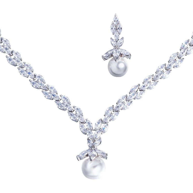 New Bride Jewelry Earrings Necklace Two-Piece Chain Zircon Shell Pearl Wedding Dress Accessories
