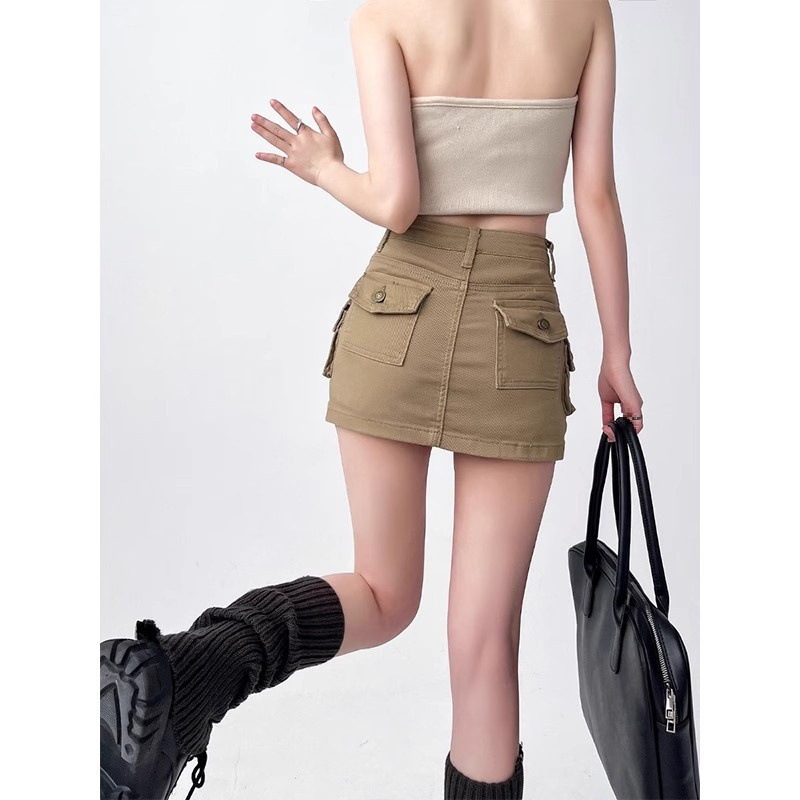 Internet Hot Spice Girl Denim Skirt Women's Summer Small Anti-glare A- line khaki High Waist Slim-fit Hip Wrap Skirt