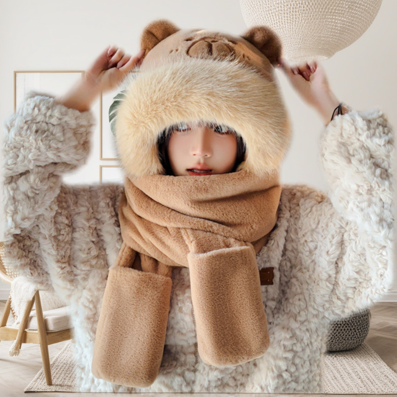 Loveable Capibala Hat Scarf Three-piece Set Women's Autumn and Winter Cartoon Plush Capybara Warm Windproof Scarf