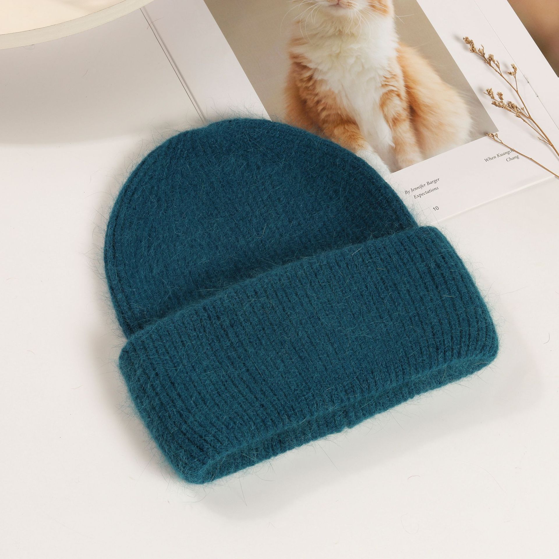 Picture of Korean Winter Knitted Hat with Large Brim for Women, Windproof Pullover Round-Top Adult Rabbit Fur Wool Hat