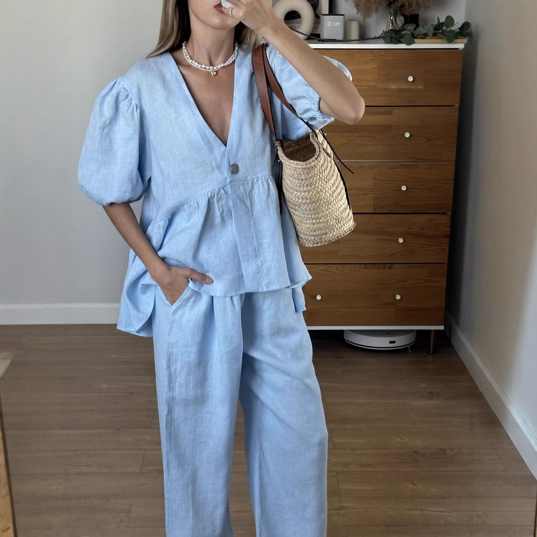 European and American Cross-Border 2025 Spring and Summer New Sweet Pure Color Suit Pure Cotton V-Neck Top Bubble Short-Sleeved Pants 2-Piece Set