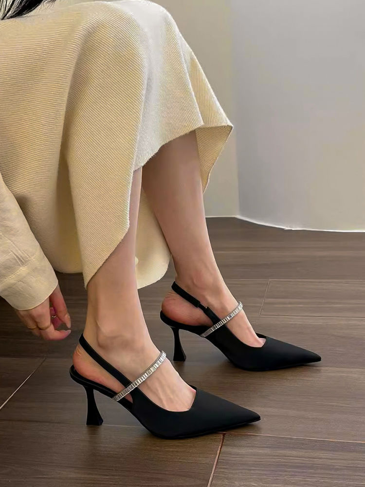 French Style Back Trip with Black Pointed High Heels for Spring and Summer 2024 Explosions with Skirt Single Shoes Sandals for Women Black
