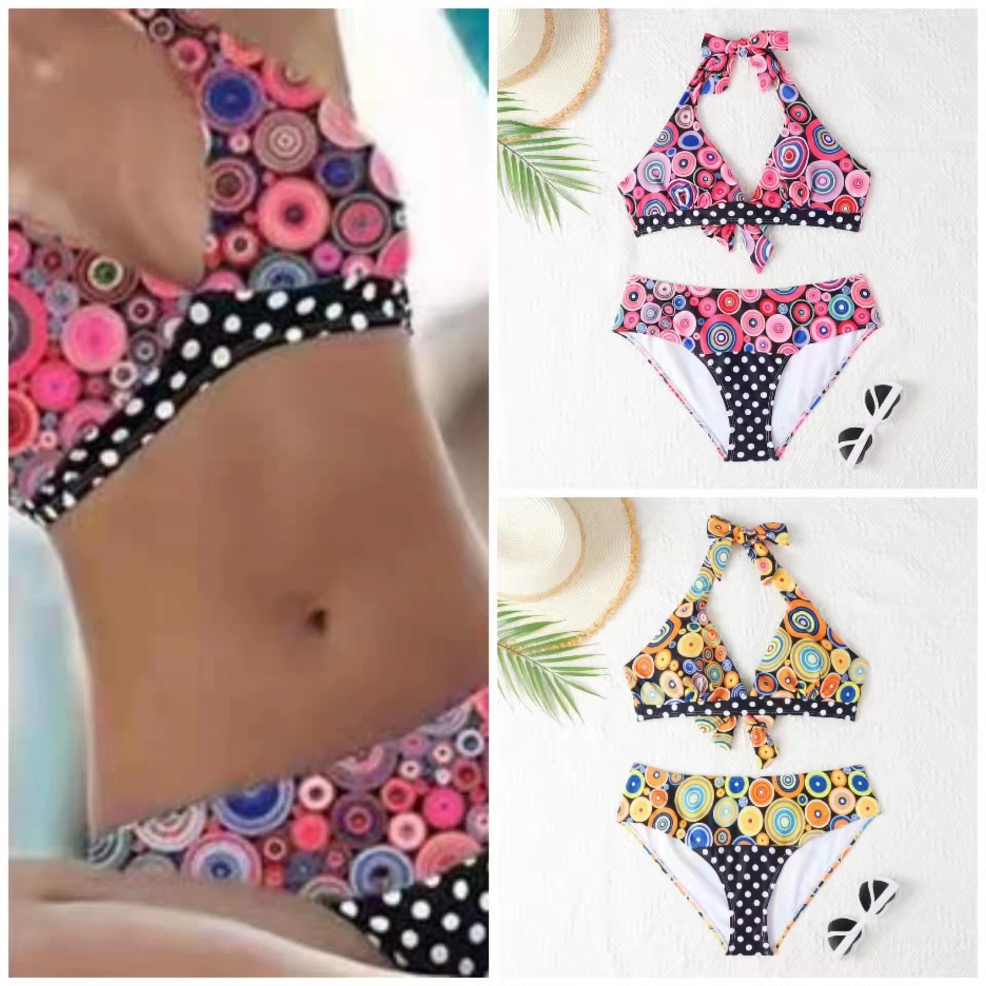 2025 Amazon New European and American Sexy Bikini Swimsuit Women's Halter Neck Printed Large Size Separates Swimsuit