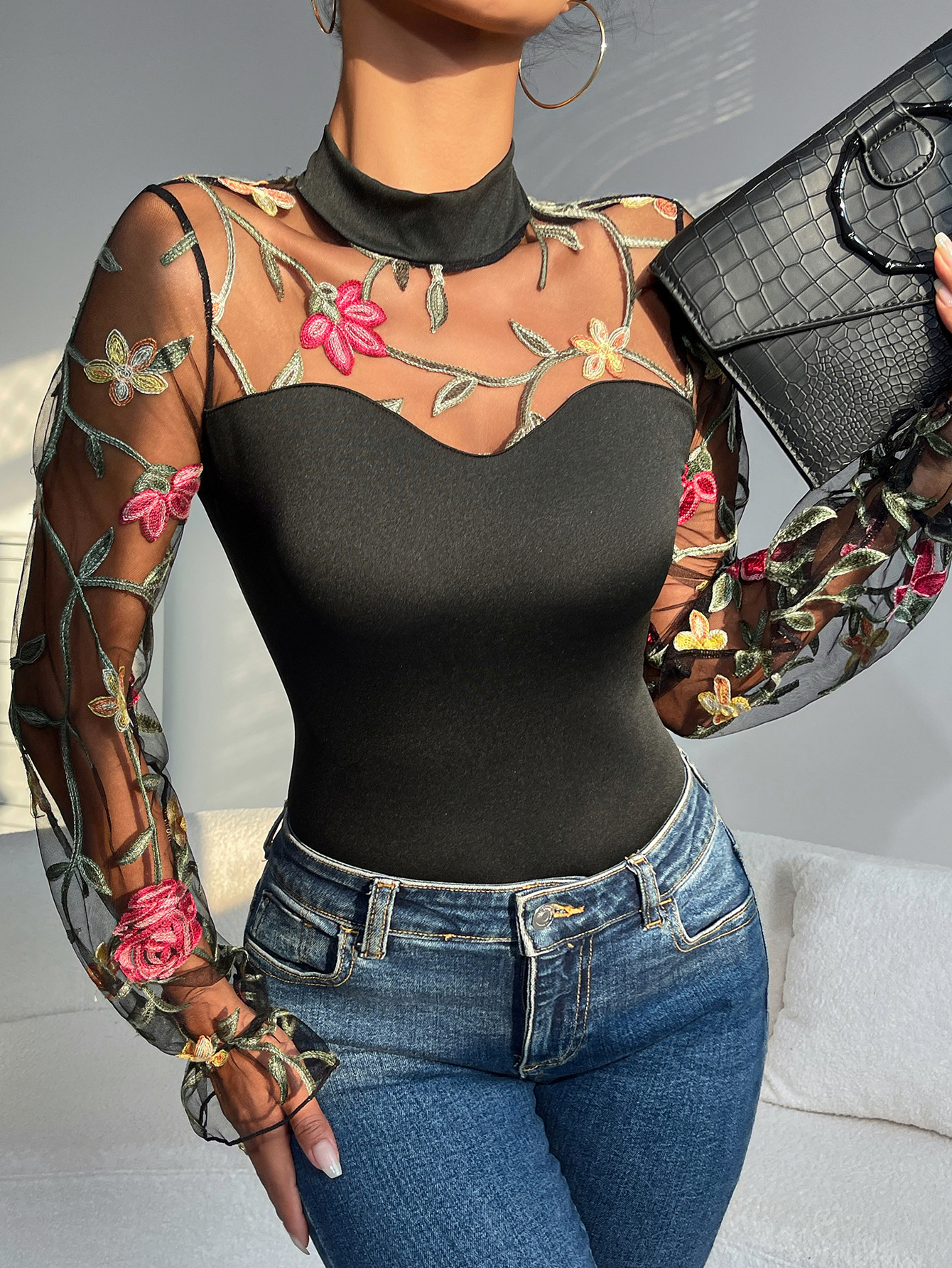 Embroidered Mesh Puff Sleeve Perspective Hollow Fashion Long Sleeve Women's Cross-border Foreign Trade Sexy Spice Girl Slim-fit One-piece Clothes