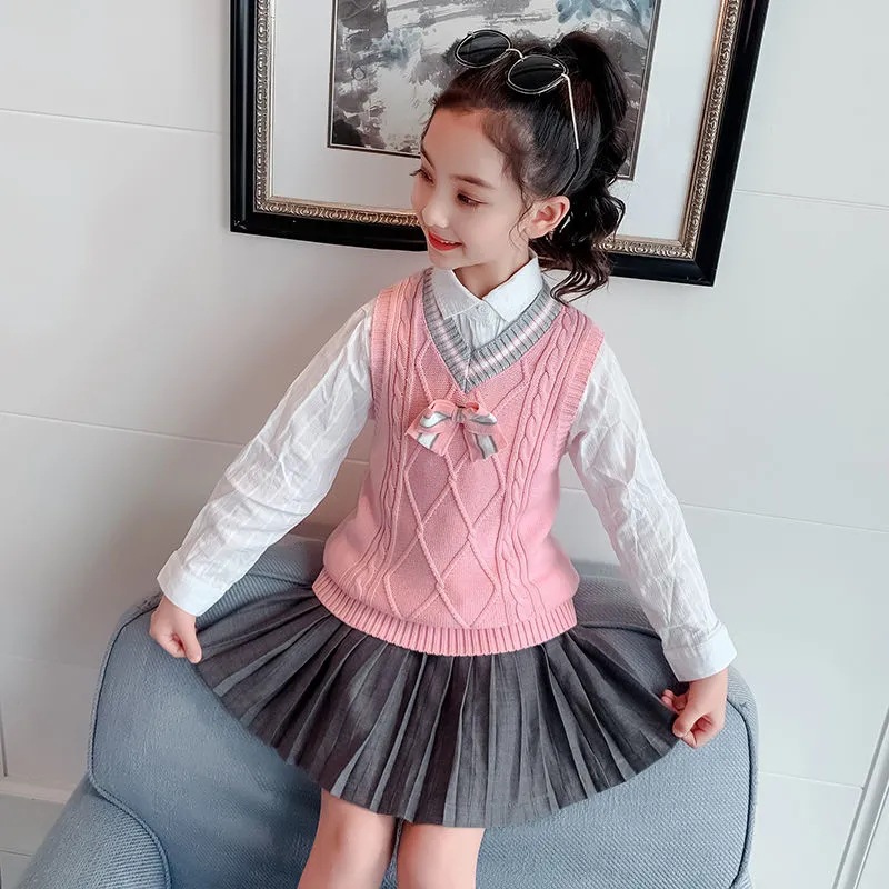 Girls Vest Sweater Knitted Student Spring & Fall Outer Wear Kidsren's Clothing Versatile Waistcoat Vest Kidsren Girls Woolen Vest