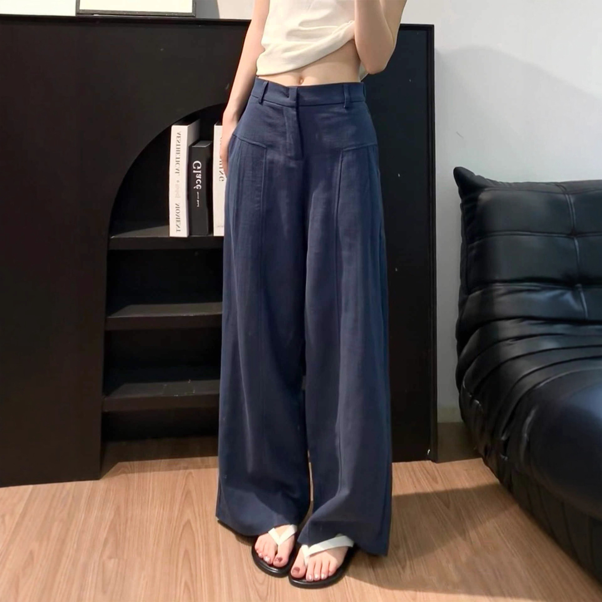Navy linen ramie wide-leg pants women's summer thin high-waisted old money style suit straight cotton and linen casual pants