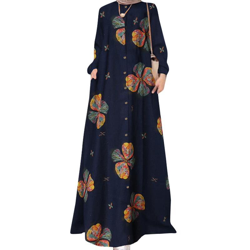Picture of Cross-Border Trade Cotton and Linen Printed Shirts, Plus-Size Women's Casual Retro Long-Sleeved Robes, Loose Dresses