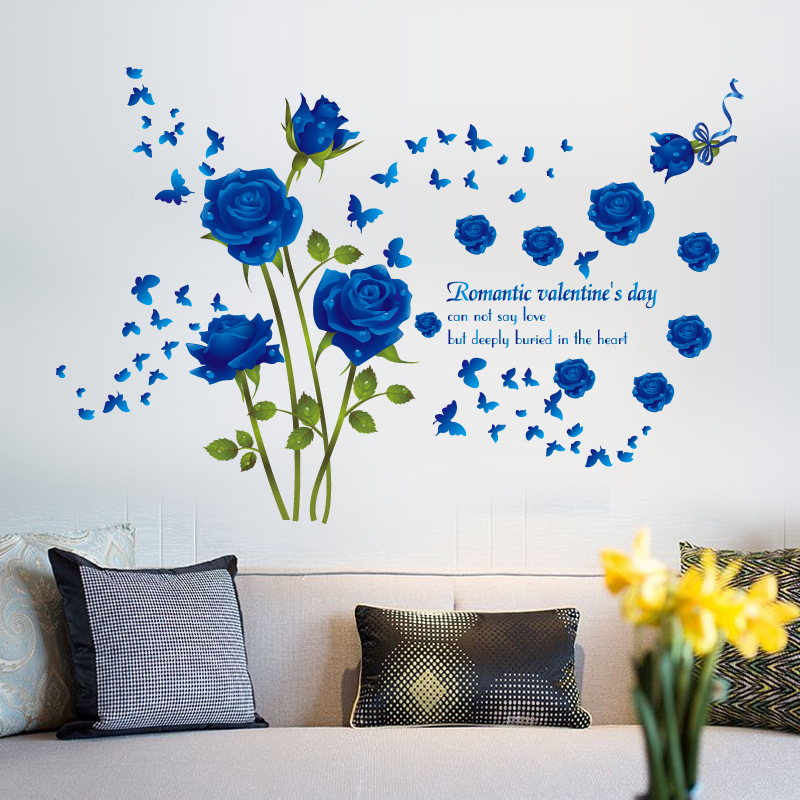 Sk9195B Blue Enchantress Rose Sticker Romantic Bedroom Entrance Living Room Tv Background Wall Decorative Wall Sticker