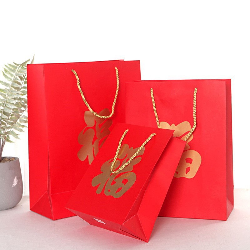 New Style Red Gift Bag with Gold Stamping, Gift Packaging Bag, New Year Gift Paper Bag, Festive Tote Bag, Customizable