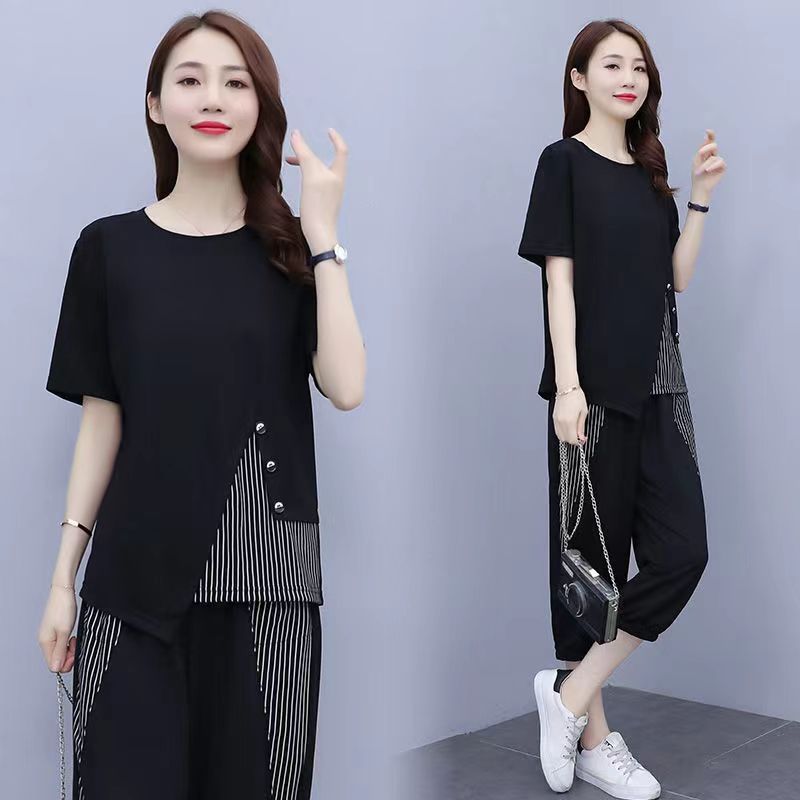 Trendy casual sports suit women's loose plus size women's clothing slimming summer new short sleeve women's cropped pants two-piece suit