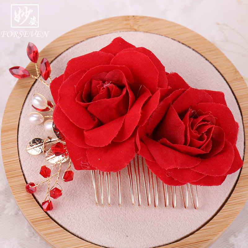 Picture of Bridal Headdress Red Flower Rhinestone Hair Comb Hand-Beaded Comb Head Flower Rose Toast Clothing Headdress Wholesale