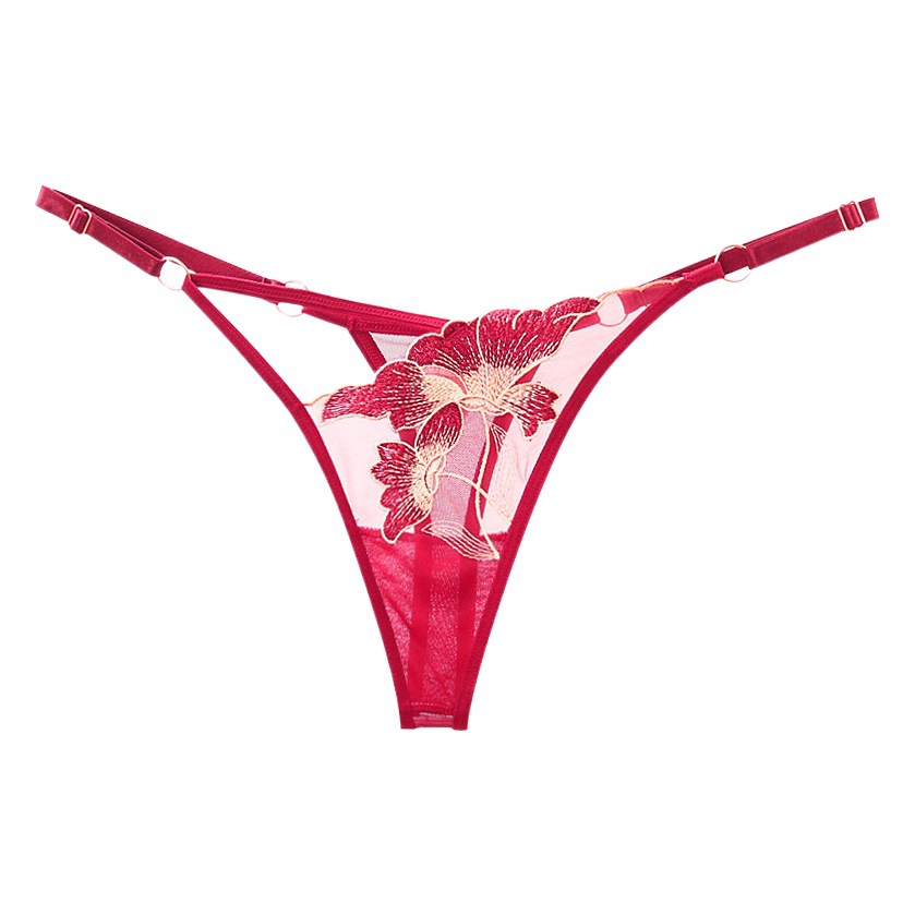 New Sexy European and American Sexy Hollow Thong Women's Low Waist Transparent Embroidered Adjustable Cotton Panties T-Shaped Pants