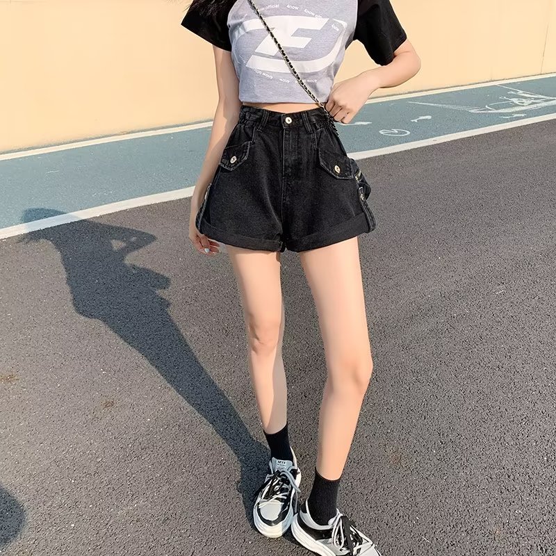 Picture of Blue curling Denim shorts women's summer 2024 New loose slimming high waist design sense a-Line hot pants