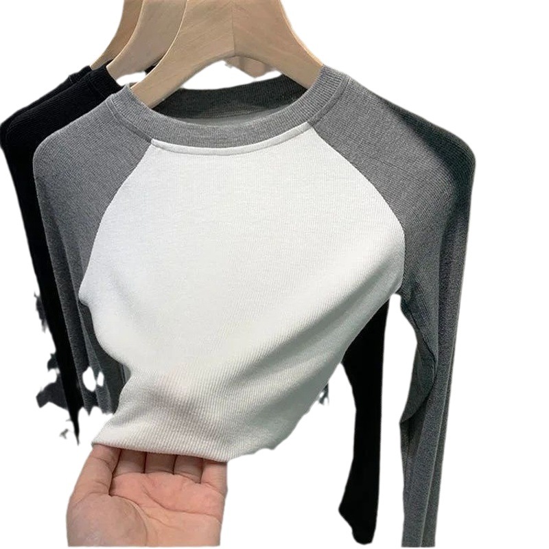 European Contrast Color Stitching Design Sense Long Sleeve T-Shirt Short Top Women's 2024 Autumn New Inner Base Shirt Ins