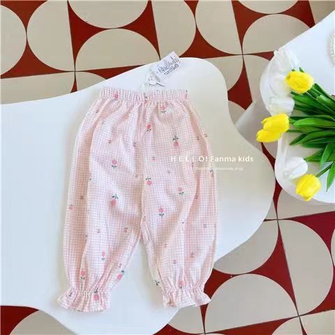 Picture of Girls' Holiday Sunscreen Pants Children's Retro Floral Summer All-match Anti-mosquito Pants Summer Printed Mid-waist Beach Pants