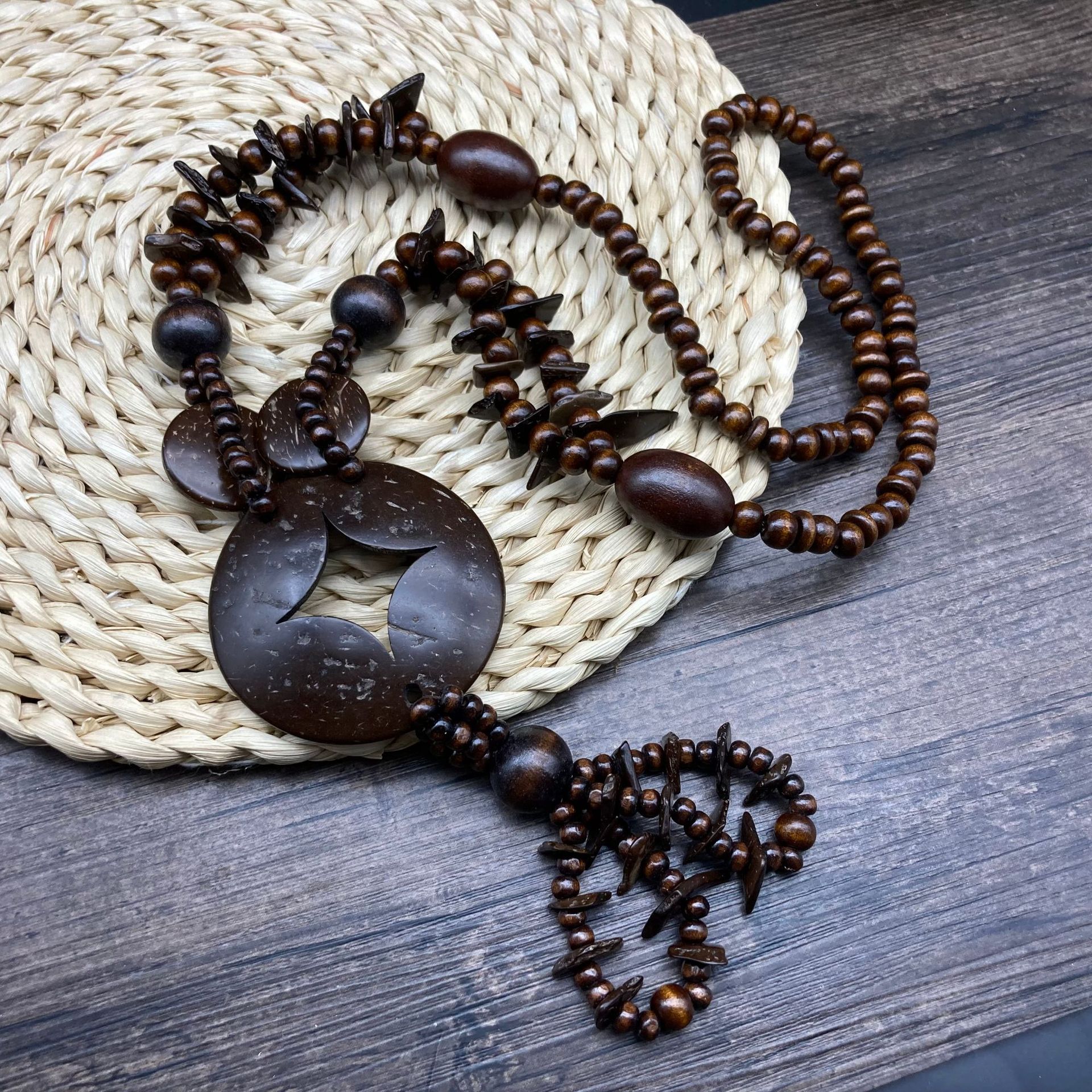 Cross-border European and American Retro Tassel Curry Color Round Coconut Shell Wood Beads Long Necklace Wooden Earrings Bracelet Set necklac
