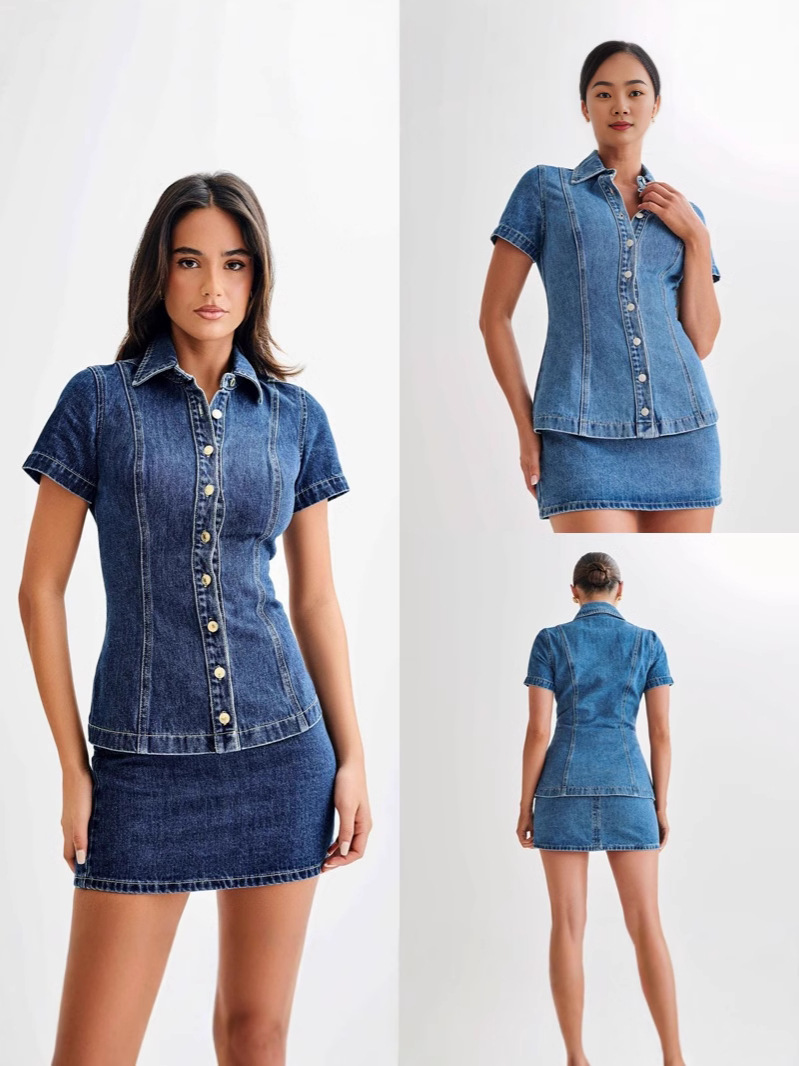 Cross-Border Amazon European and American New Cross-Border Women's Short-Sleeved Denim Button Lapel Top High-Waisted Skirt Suit for Women