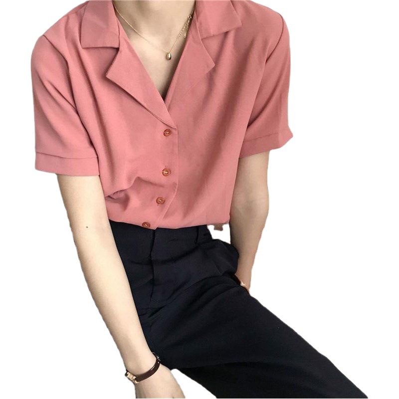 2023 Summer New Korean Style Retro Gentle Style Solid Color All-match Chiffon Top Short-sleeved Shirt for Women