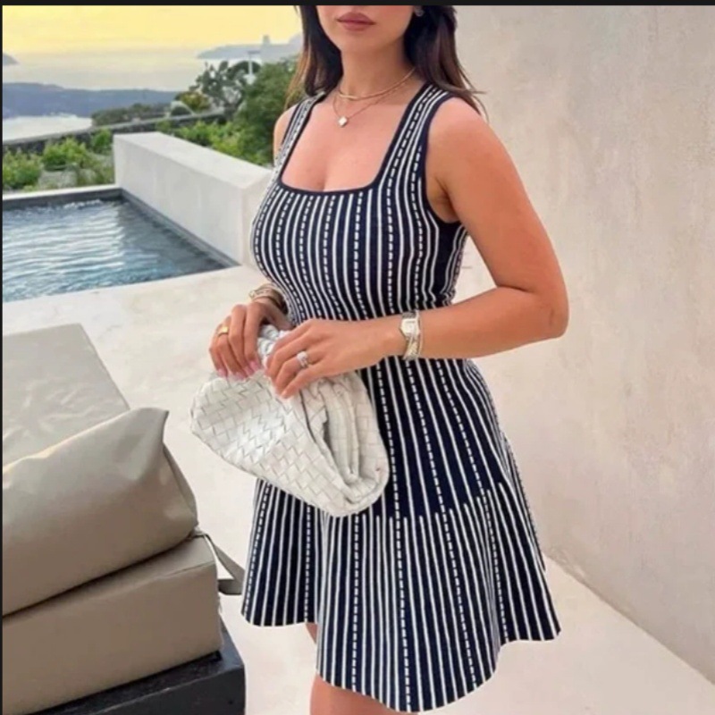 Cross-border European and American Square Collar Striped Vests Skirt Sexy Pullover Sleeveless Skirt Slim-fit Tight Waist Slimming Knitted dress