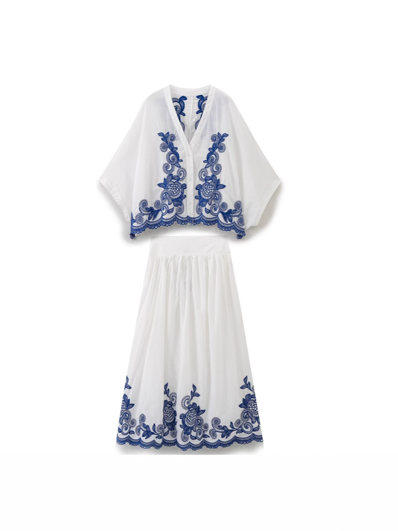 European and American Export Women's Clothing 2025 Summer New Style Retro Contrasting Color Embroider Loose Shirt Top Skirt Suit for Women