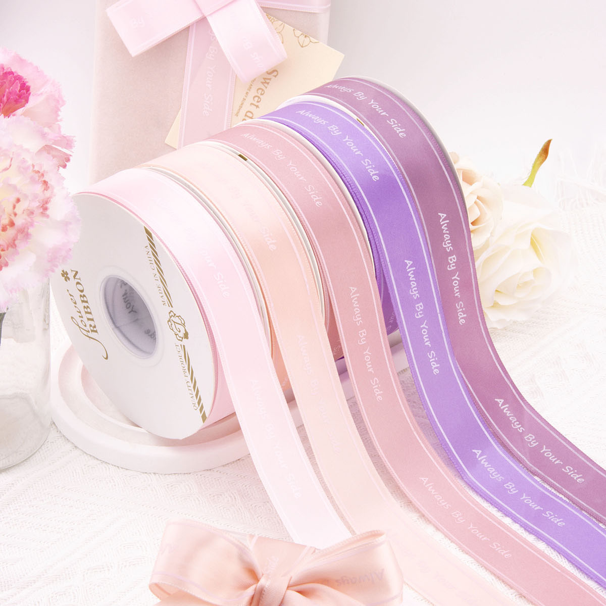 2.5cm printed polyester with cake bouquet packaging ribbon bow headwear webbing custom logo
