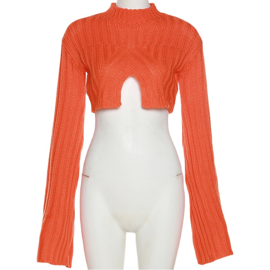 2025 Sweater Solid Color Women's Casual Casual Long Sleeve Round Neck Classic Tight Irregular Navel Navel Mid-Waist Women's Clothing