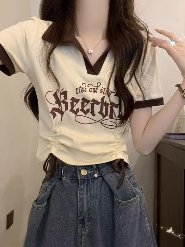 Polo Collar T-shirt Women's Short Loose Small Top Design Niche American Style Drawstring V-neck Shoulder Short Sleeve Lap