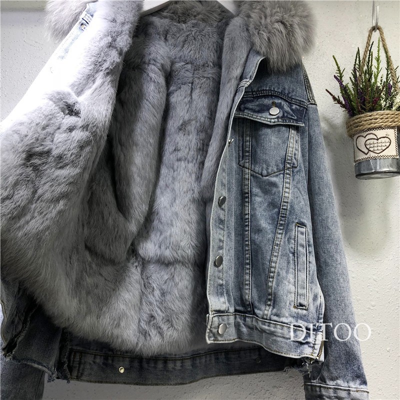 Picture of Plush Denim Jacket for Women Winter 2024 New K-Style Thickeneded Short Imitation Rabbit Fur Collar Detachable Cotton Jacket for Women Trendy