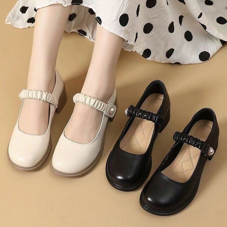 Not Tired Feet Mary Jane Women's Shoes 2024 New Spring Soft Leather Soft Bottom Single-layer Shoes with Skirt Thick Heel Small Leather Shoes Single-layer Shoes