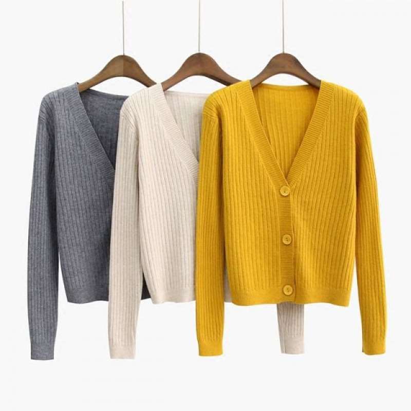 V-neck knitted cardigan top spring and autumn new Hong Kong style retro all-match sweater outer long sleeve short small coat for women