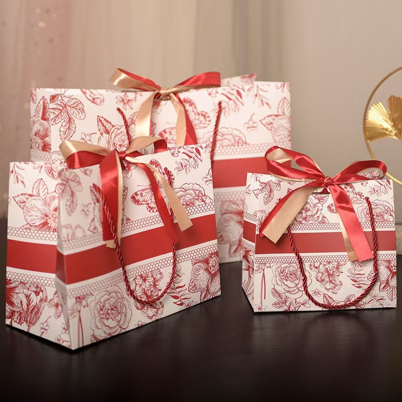 in stock Gift Bag Color Paper Bag Cross Border Packaging Bag with Ribbon Holiday Gifts Gift Bag Clothing Handbag