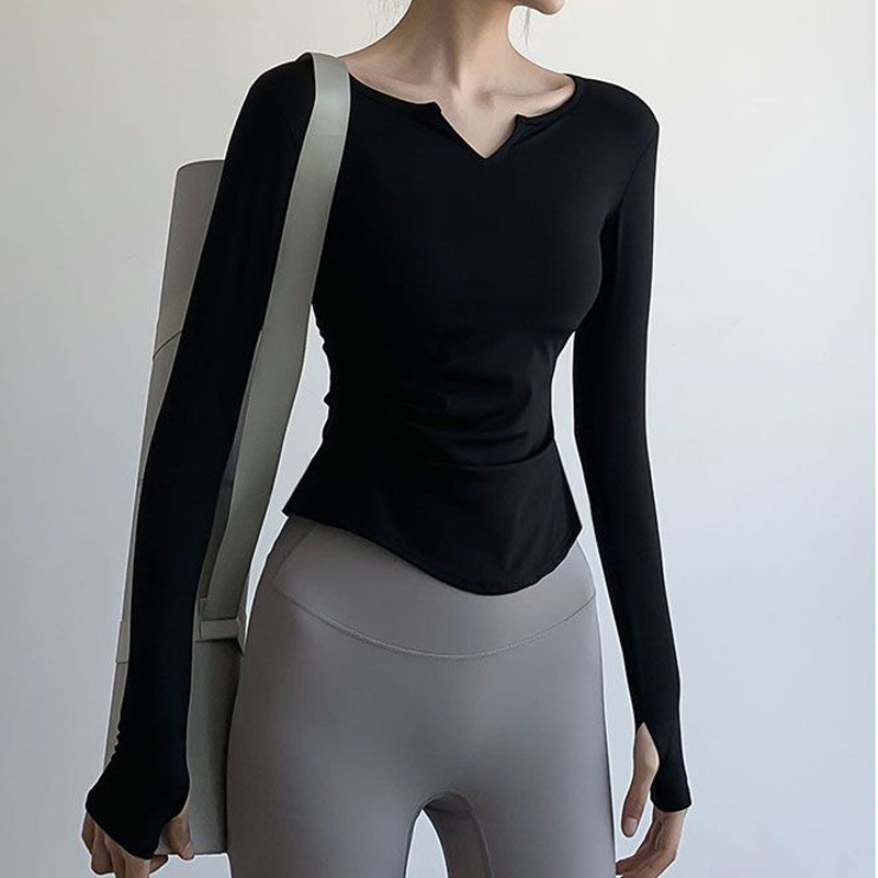Yoga Wear Long-Sleeved Top Women's Slim Breathable Yoga T-Shirt Bottoming V Neck Quick-Drying Running Sports Fitness Wear Tight