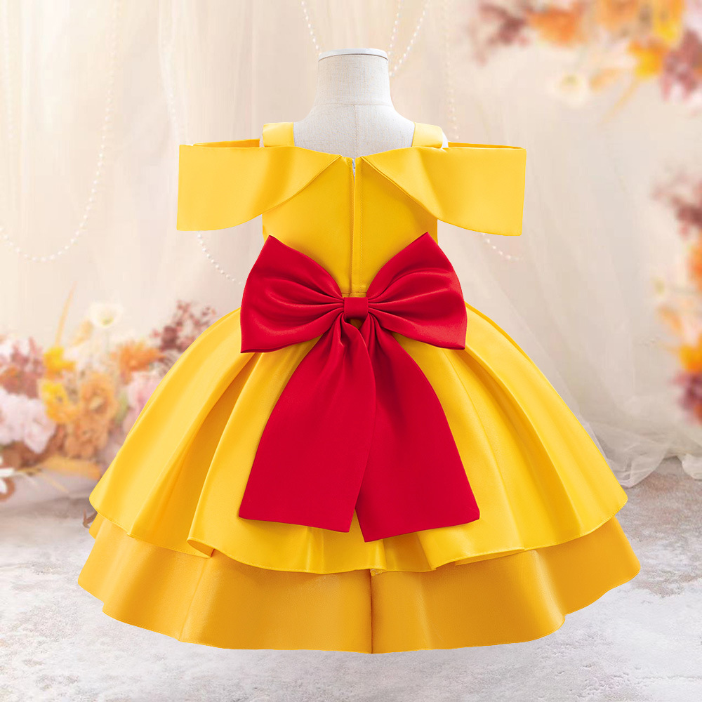 European and American Export Girls Off-Shoulder Yellow Princess Dress Big Bow Dress Children's Day Birthday Halloween Performance Dress