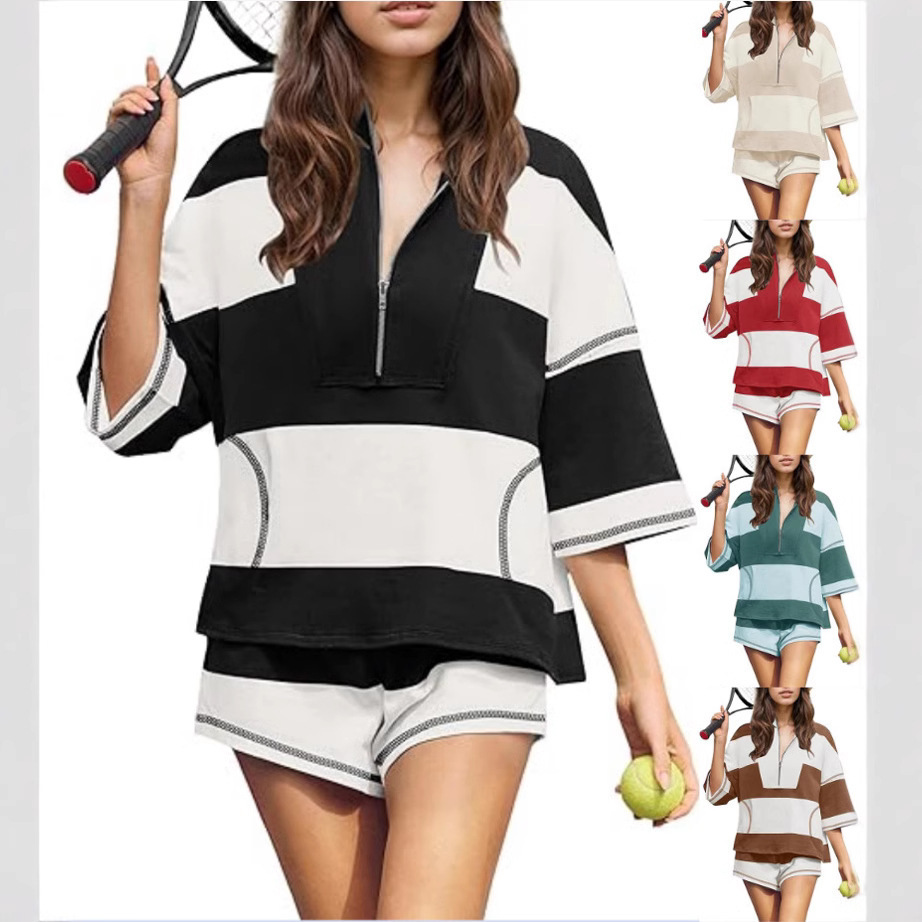 Amazon European and American Spring and Summer New Women's Striped Half-Sleeved Oversized Lining Shorts Casual Sportswear Two-Piece Set