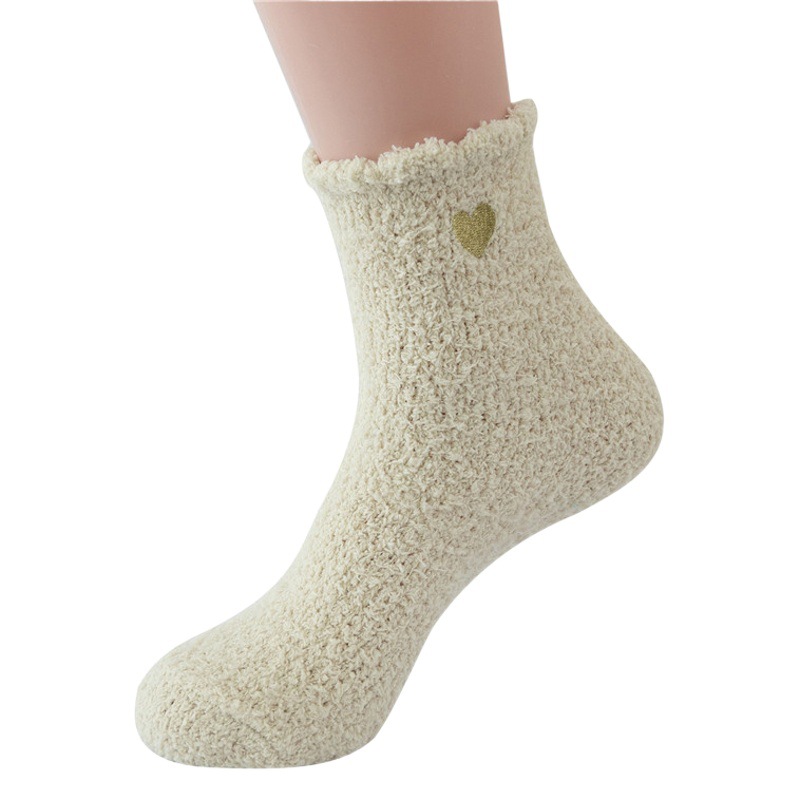 Women's Slippers and Socks Cross-Border Amazon Coral Velvet Socks Warm Embroidered Golden Heart Mid-Tube Women's Floor Sleeping Socks