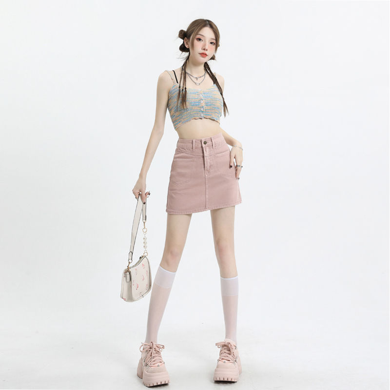 Spring 2024 New Pink Age-reducing High Waist Denim Skirt Women's Slim A- line Hip Anti-slip Skirt