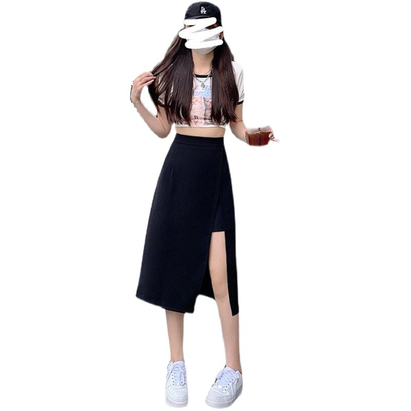 Split Skirt Women's 2023 Autumn New Student All-match High Waist Slimming Mid-length Black High Waist A- line Skirt