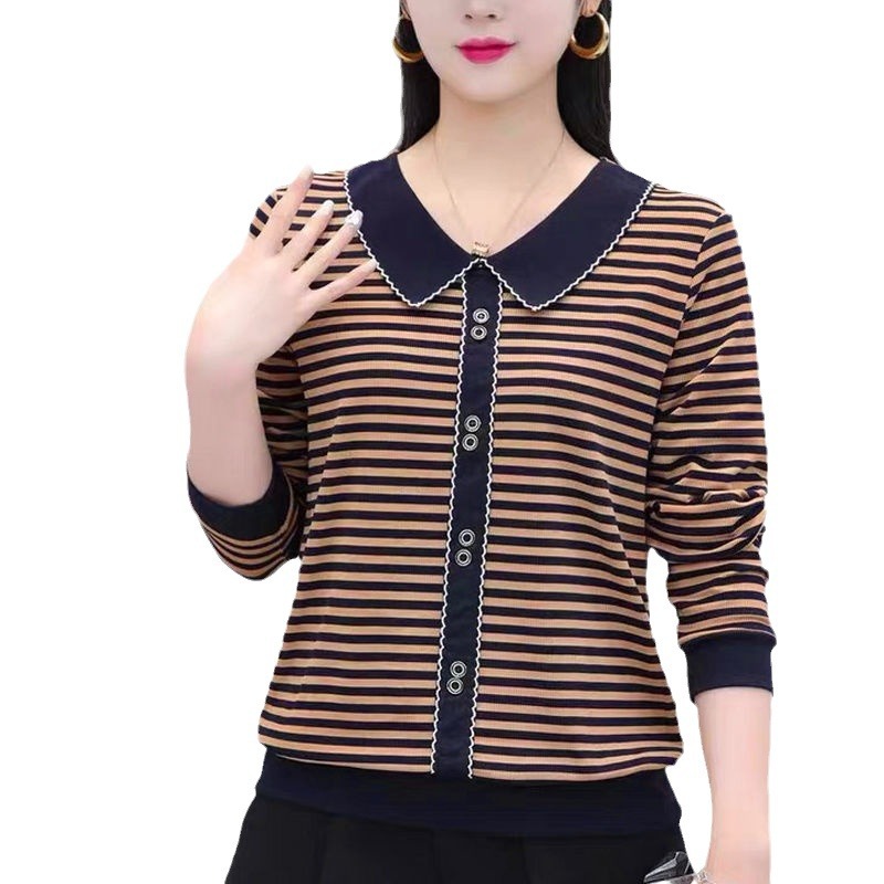 Picture of Strict selection of new doll collar striped long sleeve T-shirt middle-aged mother plus size women's button slim casual top women